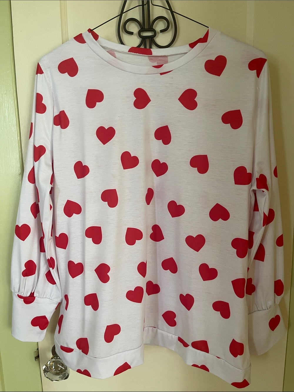 Women’s White Long-Sleeve Blouse with Red Heart Print